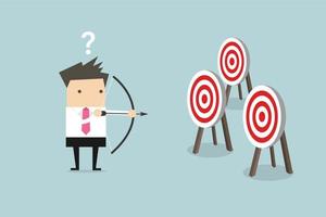 Businessman holding bow and arrow confused by multiple bulls eye target. vector