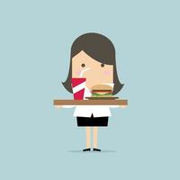 Businesswoman carrying a tray of food. vector