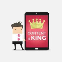 El empresario con contenido de palabras de tableta es el rey, la optimización de motores de búsqueda seo y el concepto de marketing de contenido. vector
