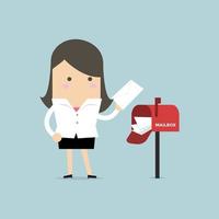 Businesswoman got a lot of mail in red mailbox. vector