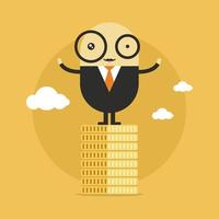 Businessman cartoon character standing on money coin. vector