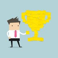 Businessman with trophy cup yellow sticky notes. vector