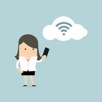 empresaria con smartphone y wifi en la nube. vector