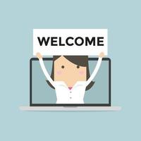 Businesswoman holding Welcome sign in computer notebook. vector