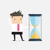 Businessman is looking at hourglass with Gold coins. Time is money. vector