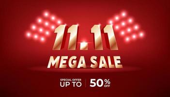 11.11 Mega sale banner template. Golden numbers 11.11 on red background. vector