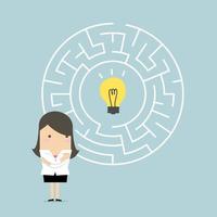 Businesswoman in front of a huge maze and finding direction to idea bulb. vector