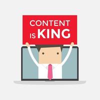 Businessman holding Content is King sign in computer notebook, seo search engine optimization and content marketing concept. vector