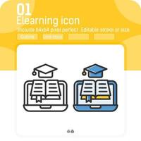 Icono de vector de e-learning con estilo diferente aislado sobre fondo blanco. ilustración gráfica elemento de moda icono delgado símbolo de signo para ui, ux, sitio web, educación, logotipo, aplicaciones móviles y todos los proyectos