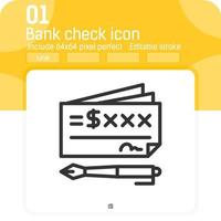 Compruebe el icono de vector con estilo de contorno negro de alta calidad aislado sobre fondo blanco. Ilustración plantilla de concepto de símbolo de signo de cheque bancario para web, ui, ux, web, finanzas, aplicaciones móviles y todos los proyectos