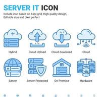 Server IT and technology icon set. Editable size. With blue ui style on isolated white background. Server IT icon set contains such icons as cloud, hybrid, server, hardware, on premise and other vector