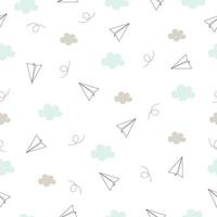 Folding paper plane Flying in the sky with clouds Seamless vector pattern A small white plane on a white background Suitable for textiles, children's clothing, publications, wrapping paper