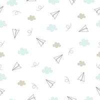 Folding paper plane Flying in the sky with clouds Seamless vector pattern A small white plane on a white background Suitable for textiles, children's clothing, publications, wrapping paper