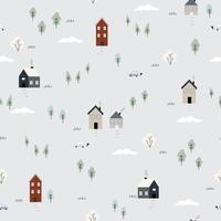 Seamless vector pattern Village background Outdoor life in a rural area with house, car, and tree. Cute design hand-drawn in cartoon style. Used for fashion textile