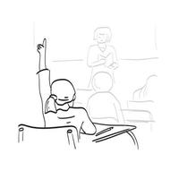 Chica de arte de línea levantando la mano en vector de ilustración de clase de escuela primaria aislado sobre fondo blanco