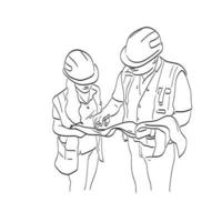 two construction workers with hard hat looking on blueprints illustration vector isolated on white background line art