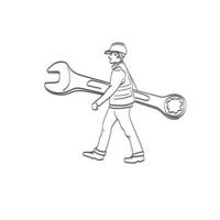 Trabajador de la construcción caminando sosteniendo una llave grande en la mano ilustración vectorial aislado sobre fondo blanco arte lineal. vector