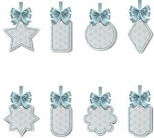 conjunto de etiquetas de precio de Navidad con lazos y cintas de color azul claro. Etiquetas de regalo de invierno con textura de copos de nieve vector