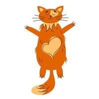 Pet cat is lying on his back, heart on his stomach, top view. Vector illustration in a flat cartoon style.