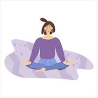 Concept of meditating girl. The woman relaxes and calms down in the lotus position. Good health and wellness during meditation. Vector illustration in a flat style