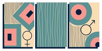 Set of covers in a retro vintage Mid-Century Modern style design. Abstract geometric shapes and stripes. The texture of aging. Vector illustration in flat style with gender signs