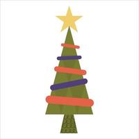 Christmas tree with star and ribbons retro style is isolated on white background. Vector illustration in a flat design in a modern mid-century style