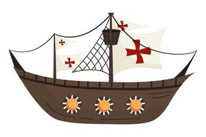 Columbus ship with red crosses and white sails isolated on white background.Vector illustration in flat style for nautical decor. vector