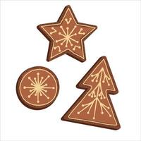 Galletas de jengibre de Navidad de diferentes formas con patrones de glaseado aislado sobre fondo blanco.Trata de Navidad de pan de jengibre en forma de árbol, círculo y estrella. vector