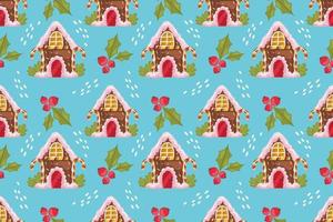 Christmas seamless pattern with gingerbread house and holly on a blue background.Christmas gingerbread treat with sweets, lollipops and cream. Vector illustration