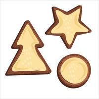 Christmas gingerbread cookies of different shapes with glaze patterns isolated on white background.Christmas treat gingerbread in the shape of tree, circle and star vector