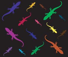 a pattern of multicolored lizards on a black background vector