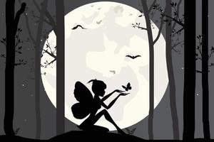 cute fairy and moon silhouette landscape vector