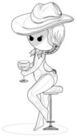 Madame in a hat and bikini at the table with a glass of wine vector