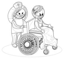 Vector image of a middle-aged man in a wheelchair and a female physician caring for him. EPS 10. Concept. Image on white background