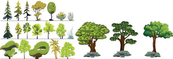 conjunto de iconos de árbol, conjunto de árboles planos. Planta de naturaleza de árbol de bosque plano, hojas verdes, medio ambiente y signo ecológico de la naturaleza.