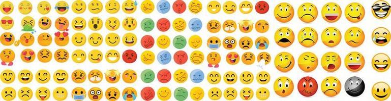 Los emoticonos o el icono se enfrentan a la cabeza con sorpresa, lindo, feliz y sorpresa, gran conjunto de iconos de sonrisa de emoticonos. emoticonos vector