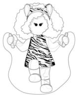 Vector image of a girl in clothes with jumping rope in clothes with a tiger print. Concept. Outline style. EPS 10.