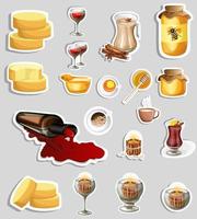 Vector image of stickers of booze, snacks and suitable decor for a feast