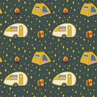 Pattern with tent and RV camping. Colorful background with a mobile home on wheels for relaxing in the forest. Camping, auto-caravan, travel. Living in nature in a camping house. Vector illustration