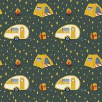 Pattern with tent and RV camping. Colorful background with a mobile home on wheels for relaxing in the forest. Camping, auto-caravan, travel. Living in nature in a camping house. Vector illustration