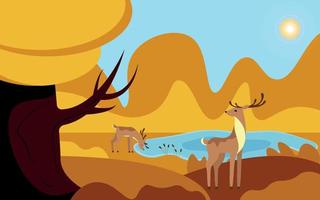 Autumn forest landscape with a pair of deer and a tree. Colorful horizontal banner. Vector illustration