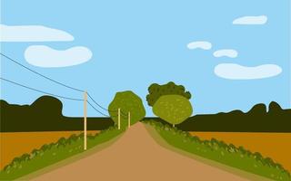 Straight empty road through the countryside Green hills, blue sky, meadow. Summer landscape. Vector illustration