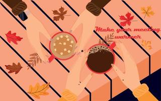 Female hands holding cups with coffee. Top view. Autumn atmosphere. Vector illustration