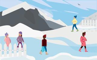 Winter landscape.Children walking outside in winter. Vector illustration