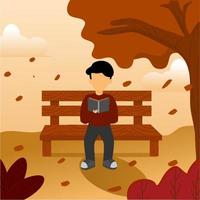 Ilustración de vector de libro de lectura de hombre. sentado debajo del árbol en el parque. ilustración de otoño