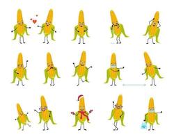 Set of characters corn with emotions, face, hands and legs. Smile or sad yellow vegetables with eyes, heroes fall in love, keep their distance in a mask, dance in a Santa hat vector