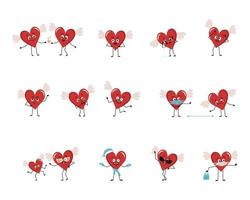 Set of red heart characters with emotions, face, arms and legs. Cheerful or sad festive decoration for valentine day falls in love, keeps distance in a mask, dances in a Santa hat vector