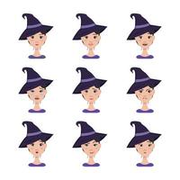 Set of facial expressions of an asian woman with dark hair in a pointed witch hat. Different female emotions. Attractive cartoon character for Halloween autumn holiday in costume vector