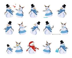 Set of Christmas snowman with joyful emotions, smile, happy eyes, face and arms. New Year festive decoration with kind expression vector