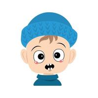 Boy with emotions panic, surprised face, shocked eyes in blue knitted hat. Cute kid with scared expression in autumnal or winter headdress. Head of adorable toddler vector